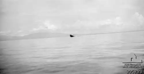 The U.S. Army Transport Jacob settles by the bow with survivors swimming in the water (March 8, 1943)