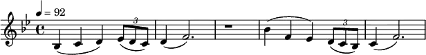 \relative c'
{
\set Staff.midiInstrument = #"french horn"
\key bes
\major
\time 4/4
\tempo 4 = 92
bes4( c d) \times 2/3 {es8( d c)}
d4( f2.)
r1
bes4( f es) \times 2/3 {d8( c bes)}
c4( f2.)
}