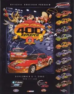 The 2002 Chevrolet Monte Carlo 400 program cover, featuring several Looney Tunes sponsored cars.