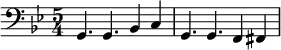 { \set Score.tempoHideNote = ##t \set Staff.midiInstrument = #"electric bass (pick)" \clef bass \key g \minor \time 5/4 \relative c { \tempo 4 = 170 g4. g4. bes4 c4 g4. g4. f4 fis4 } }