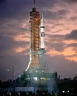 Pad 9B holding a Saturn IB on the "milkstool" launcher to be used for the Apollo-Soyuz Test Project (1975)