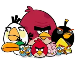 A cartoon flock of limbless birds with varying shapes, sizes, and colors