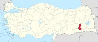 Batman highlighted in red on a beige political map of Turkeym