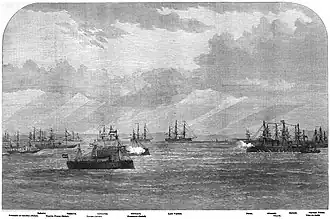 A woodcut of 19th-century warships in combat at sea