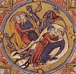 A monk kissing layman and two women embracing as demons lurk about