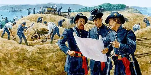 Image 24Watercolor of the United States Army building Robert's Redoubt under command of then 2nd Lt. Henry Martyn Robert (1837-1923), and then Captain George Pickett (1825-1875), on the off-shore San Juan Island in the San Juan Islands chain in the old federal Washington Territory (1853-1889), during the border dispute and skirmish of the so-called Pig War of 1859. (from History of Washington (state))