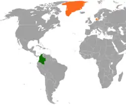 Map indicating locations of Colombia and Denmark