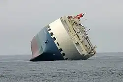 The Cougar Ace listing on 14 August 2006 (over three weeks after the incident), view from the bow