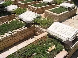 The standard Israeli military graves of David Elazar, Jonathan Netanyahu, and others with a yahrzeit candle in a box for each grave