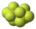 Space-filling model of disulfur decafluoride