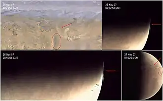 Example of dust clouds imaged by ESA's Mars Express Visual Monitoring Camera and NASA's Mars Reconnaissance Orbiter's MARCI in November 2007 over the Utopia region.