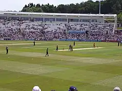 The East Stand. Top right of the stand is the Shaun Udal suite.