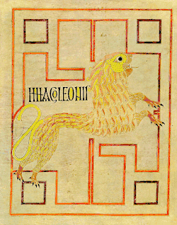 Imago Leonis - the Lion of Mark from the Echternach Gospels which show no portraits, only the symbols. Insular c. 690.