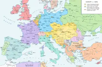 A map of late 19th century Europe showing Bulgaria, Romania and Russia