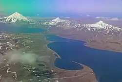 Aerial view of Fisher Caldera, with Eickelberg Peak in upper left corner