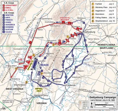 map showing routes of US and Confederate armies when they left Gettysburg