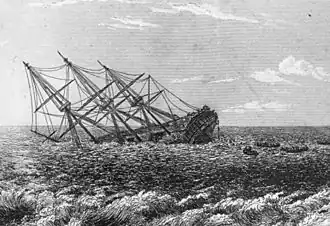 Drawing of a three-masted ship sinking at the bow, its hull almost completely submerged. In the foreground are the jagged outlines of a coral reef.