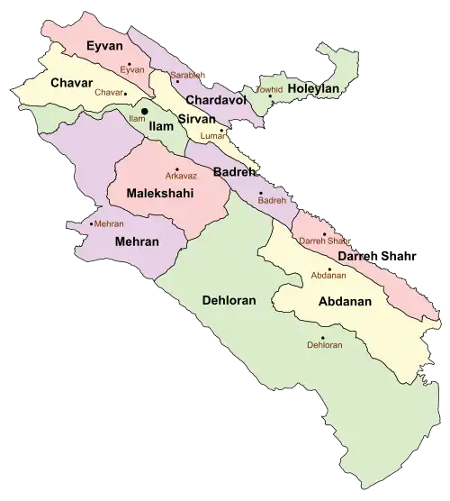 Location of Malekshahi County in Ilam province (center, pink)