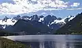 Cheam Range seen from the north at Wahleach Lake. Baby Munday Peak is a small peak in the center above snow.