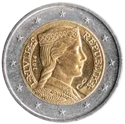 The national side of the 2 Euro coin issued by Latvia