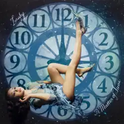 Laufey positioned in front of a large clock face, with the name "Laufey" at the top left and the title "A Matter of Time" at the bottom right.