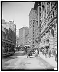 Newspaper Row in ca. 1906, showing the locations of the Boston Post (left), the Boston Globe (center-left) and the Boston Journal (center-right)