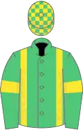 Emerald green, yellow braces and armlets, check cap