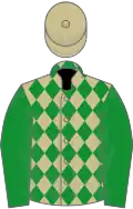 Beige, green diamonds and sleeves, beige cap