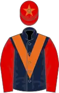 Dark blue, orange chevron, red sleeves, red cap, orange star