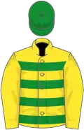 Yellow, green hoops on body, green cap
