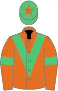 Orange, emerald green chevron and armlets, emerald green cap, orange star