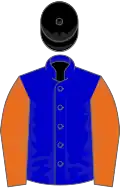 Blue, orange sleeves, black cap