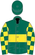Dark green, yellow hoop, check sleeves, dark green cap