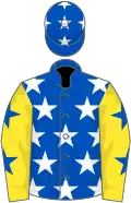 Royal blue, white stars, yellow sleeves, blue stars, blue cap, white stars