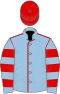 Light blue, red seams, hooped sleeves, red cap