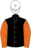 Black, orange sleeves, white cap