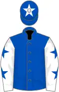 Royal blue, white sleeves, royal blue stars, royal blue cap, white star