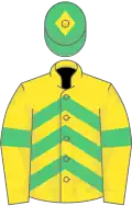 Yellow and emerald green chevrons, emerald green armlet, emerald green cap, yellow diamond