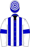 Blue and white strtipes, white sleeves, blue armlets, hoopd cap