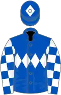 Royal blue, white triple diamond, checked sleeves, royal blue cap, white diamond