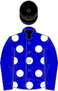 Blue, white spots on body, black cap