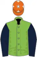 Light green, dark blue sleeves, orange cap, white stars