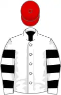 White, black hooped sleeves, red cap