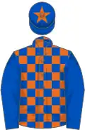 royal blue and orange check, royal blue sleeves, royal blue cap, orange star