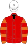 Red, orange and red hooped sleeves, white cap