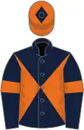 Dark blue and orange diabolo, dark blue sleeves, orange armlets, orange cap, dark blue diamond