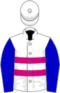White, two cerise hoops, blue sleeves, white cap