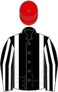 Black, white braces, striped sleeves, red cap