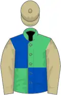 Emerald green and royal blue (quartered), beige sleeves and cap