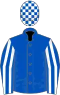 Royal blue, white striped sleeves, check cap